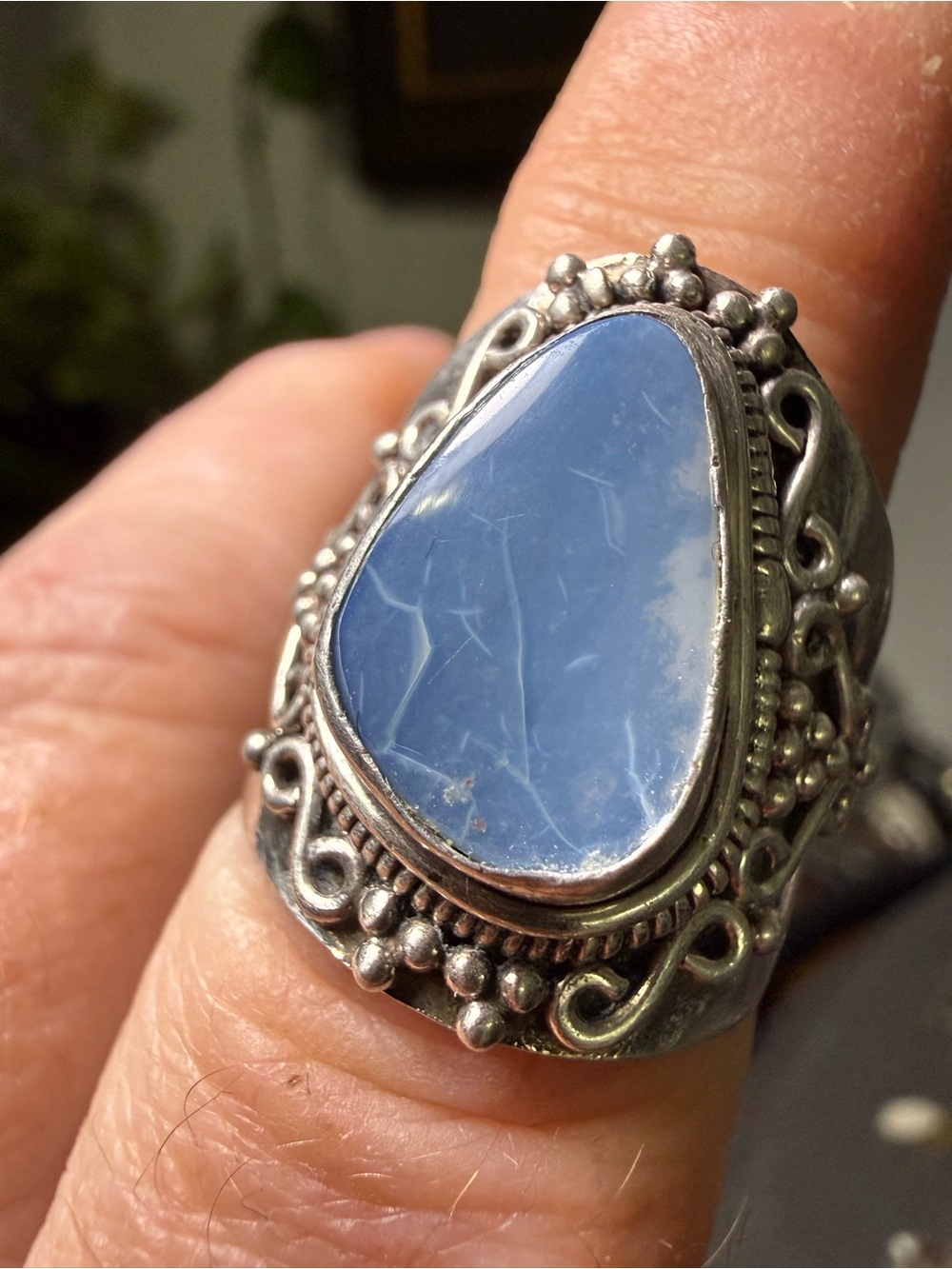 Sterling Silver Blue Stone Filigree Ring Size 9